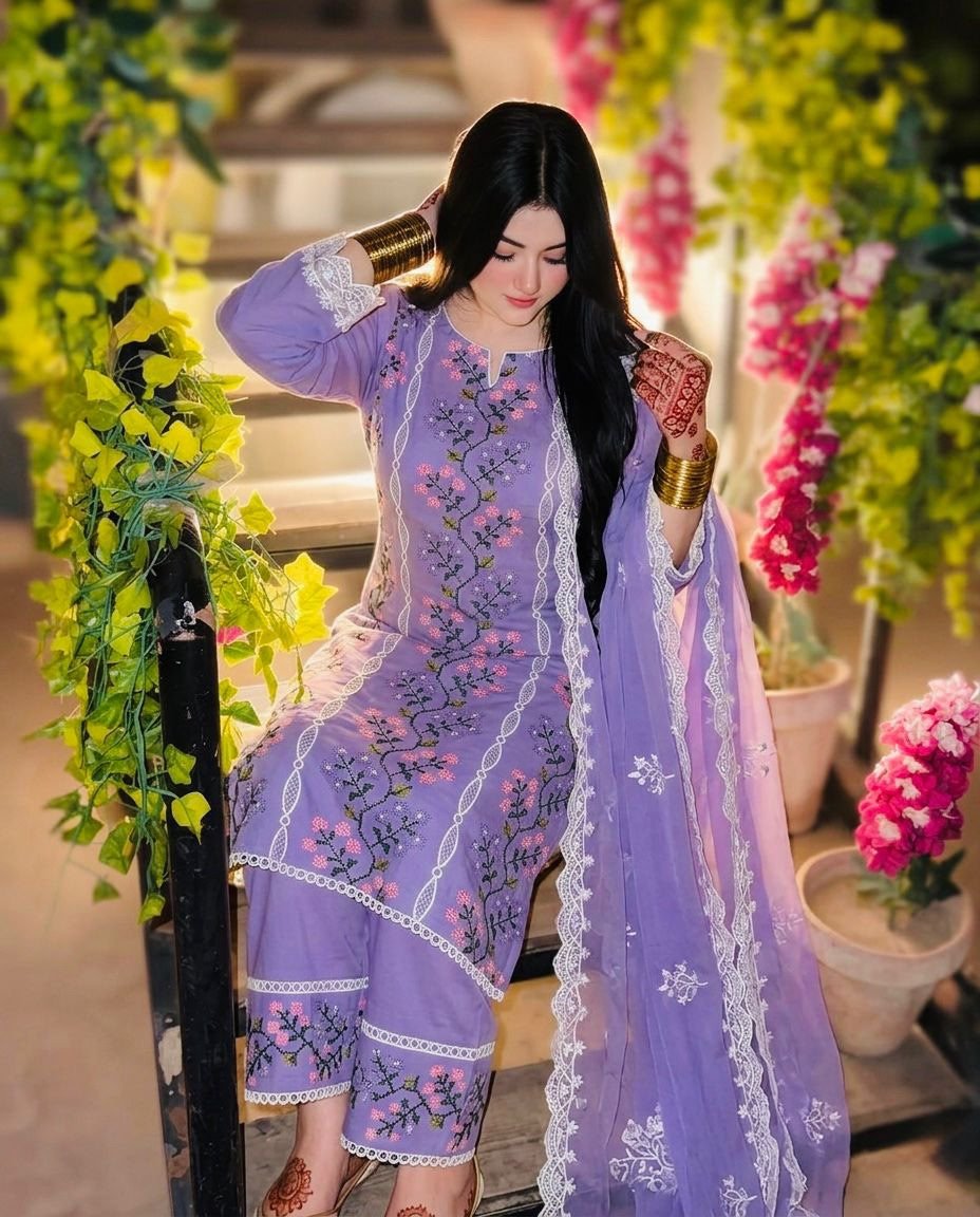 GTM Lawn Computer Cross-Stitch Embroidered 3-Piece Dress